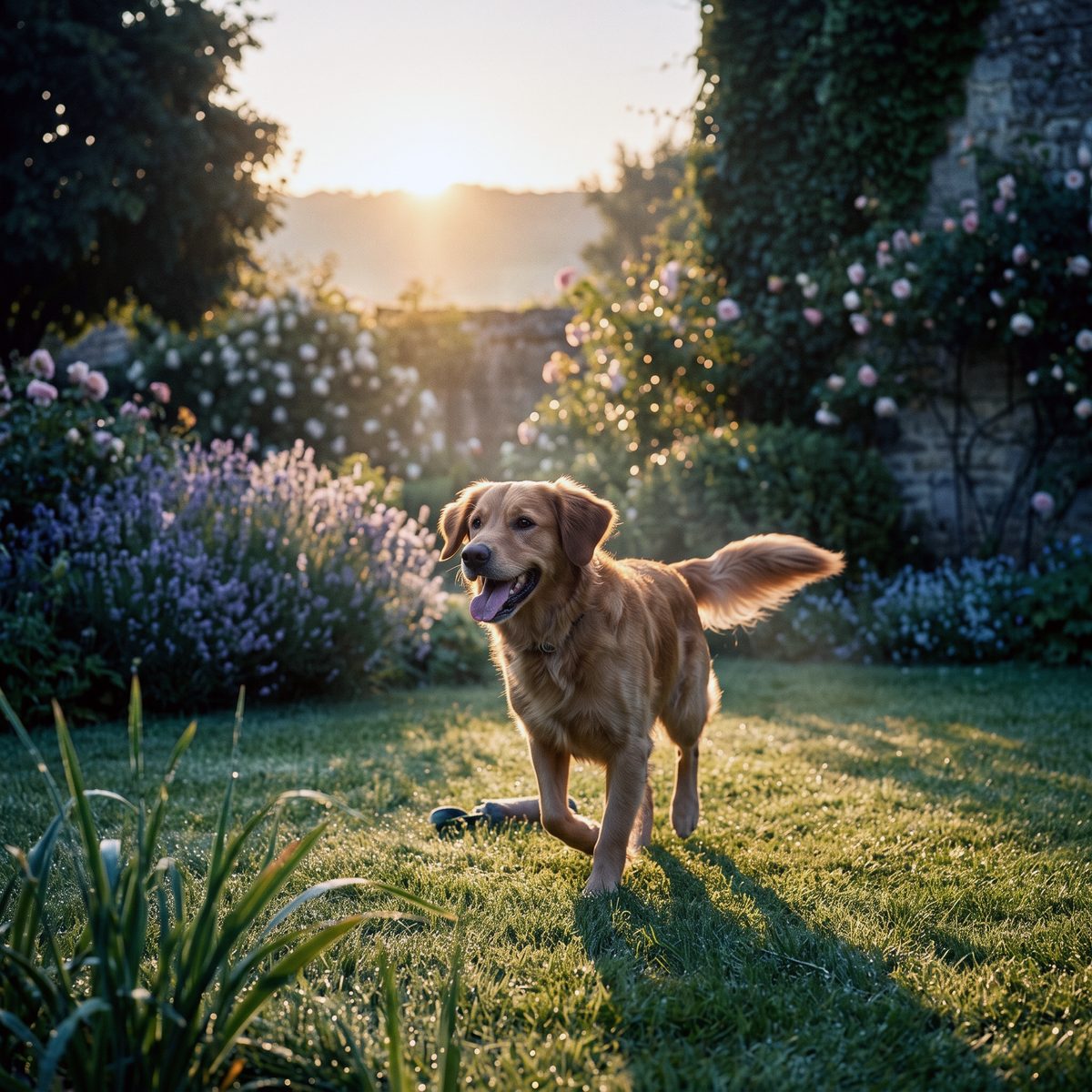 Perro feliz corriendo en un jardín privado